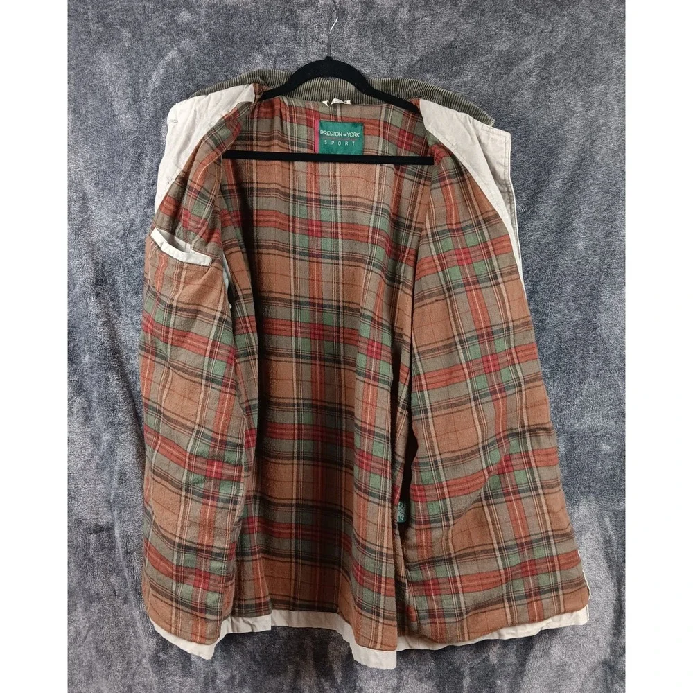 VTG Preston York Sport Mens L‎ Beige Plaid Lined Barn Jacket Corduroy Collar